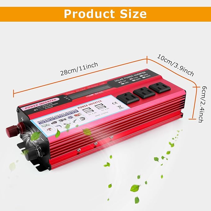 2000 watt Solar Power Inverter Solar Power Inverter 12V DC to 110V-120V AC Converter with 3 AC Outlets 2 USB Charging Port LCD Display for Off-Grid Solar Power System RV Truck Home