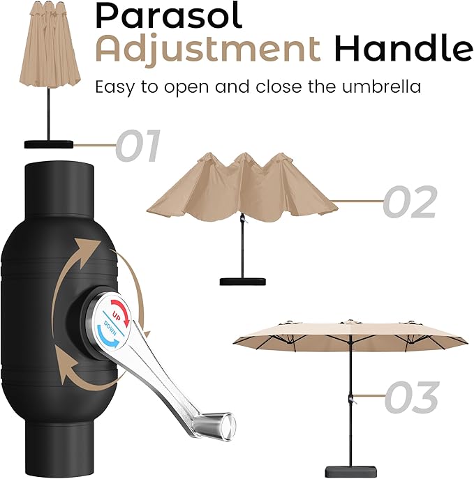 DomeShade 15ft Patio Umbrella with BaseLarge Outdoor Double-Sided Rectangle Umbrella with Crank Handle Market Umbrella for Poolside Garden Deck Backyard Beach Pools Beige