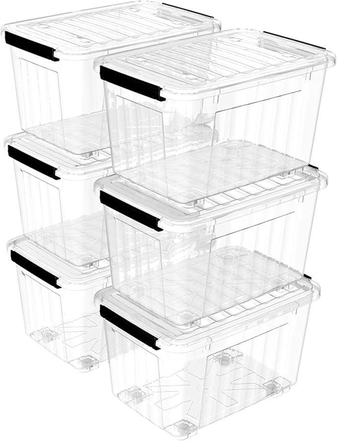Cetomo Lidded Storage Bin Stackable Storage Box Organizing Container with Lid and Snap Lock Durable Plastic Clear 60 quart Pack of 6