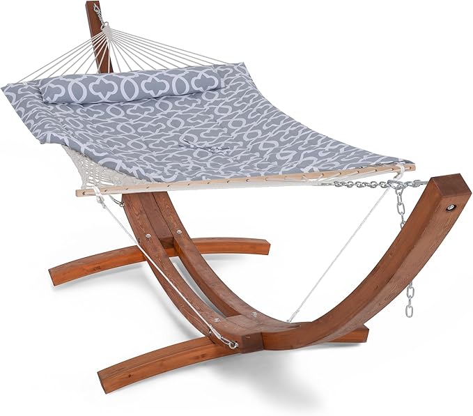 SUNCREAT Hammocks Double Rope Hammock with Wooden Stand Included Outdoor Hammocks with Polyester Pad for Outside 475 lbs Capacity Gray