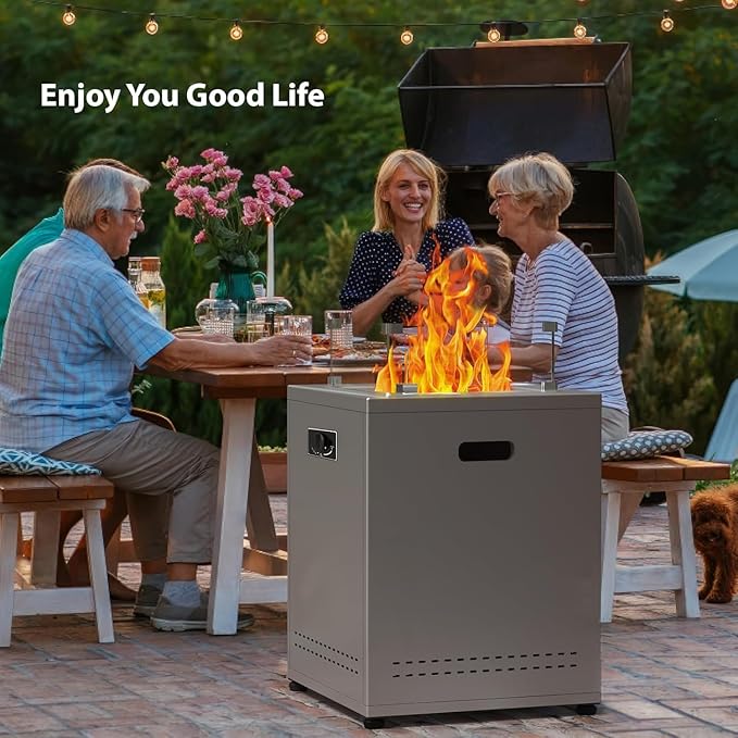 20 Square Smokeless Propane Fire Pit Table 50000 BTU Portable Outdoor Patio Heater with Lava Rocks Glass Wind Guard &amp Cover for Deck Backyard Garden Camping (Black)