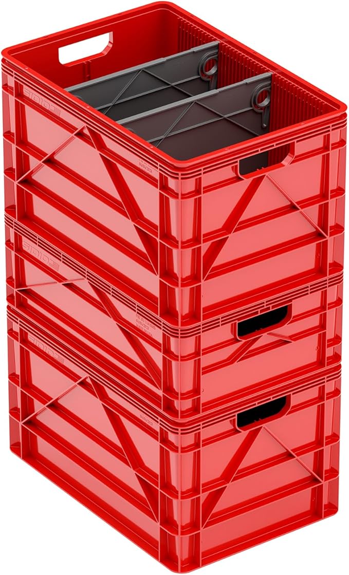 SIDIO Crate Basic Pack - 2 Full-Size &amp 1 Half-Size Heavy Duty Stackable Storage Bins Totes and Containers with Dividers - Durable Plastic Organizer for Home Office Garage and Outdoor Use