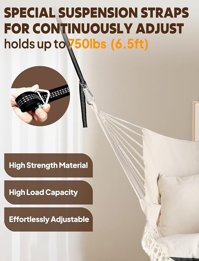 Chihee Hammock Chair Hanging Swing 2 Pillows IncludedStrong Webbing Straps and Hooks for Easy Hanging Soft Cotton Hanging Chair Side Pocket Tassel Chair Comfort Indoor Outdoor