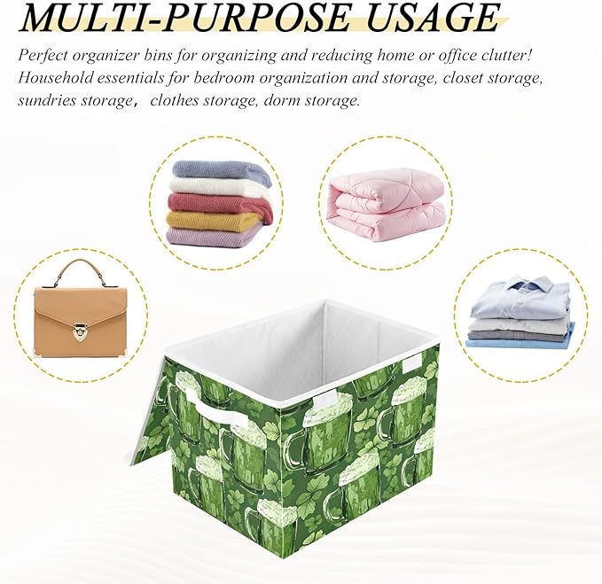 Christmas Storage Baskets with Lids Beer Glasses and Shamrocks (3) Collapsible Bins Stackable Fabric Linen Baskets Closet Organizer Container 16.5x12.6x11.8