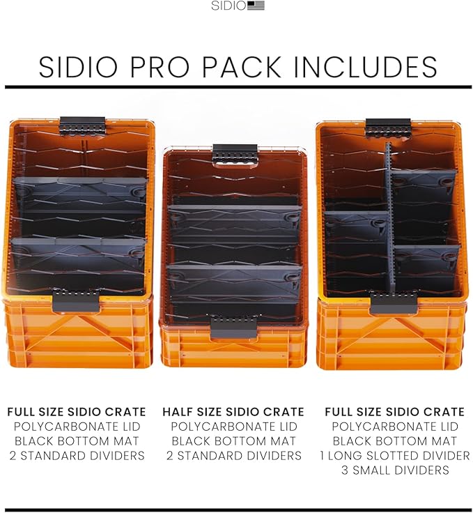 SIDIO Crate Pro Pack - 2 Full-Size &amp 1 Half-Size Heavy Duty Stackable Storage Bins Totes and Containers with Lids and Dividers - Durable Plastic Organizer for Home Office Garage and Outdoor Us