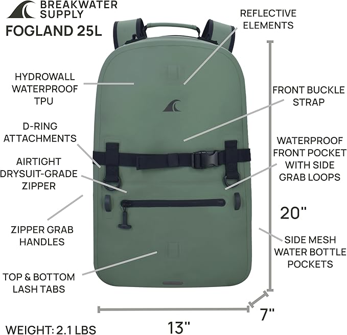 Breakwater Supply™ Fogland Waterproof IP68 Submersible Backpack | Laptop Sleeve &amp Airtight Zippers for Outdoors Hunting Fishing Waterfowl Floating Dry Bag Unisex TPU (Marsh Green 25L)