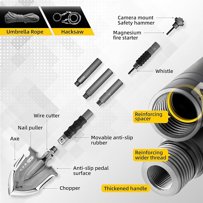 Zune Lotoo Survival Shovel Multitool 28 in 1 Luxury Kit Tactical Camping Folding Shovel Unbreakable Martensitic Steel Adjustable 7 Angles 24-35.4'' Length Compact Gear for Outdoor Hiking Emergency