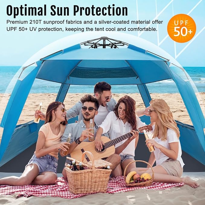 WhiteFang Deluxe Pop Up Beach Tent Sun Shade Shelter for 3-4/5-6 Person UV Protection Extendable Floor with 3 Ventilating Windows Plus Carrying Bag Stakes and Guy Lines