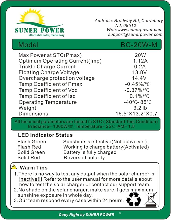 SUNER POWER 20W 12V Solar Battery Charger Maintainer Built-in Smart MPPT Charge Controller Adjustable Mount Bracket Waterproof 20 Watt Solar Panel Kits for Car Automotive Boat Marine RV Trailer