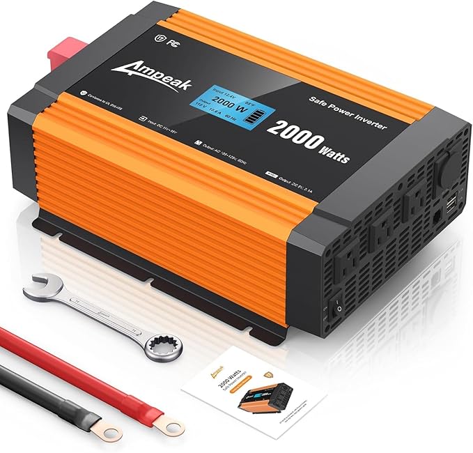 Ampeak 2000W Power Inverter 6.2A Dual USB Ports 3AC Outlets Stable Voltage Output Inverter DC 12V to AC 120V 17 Protections for Truck Hurricane Rv