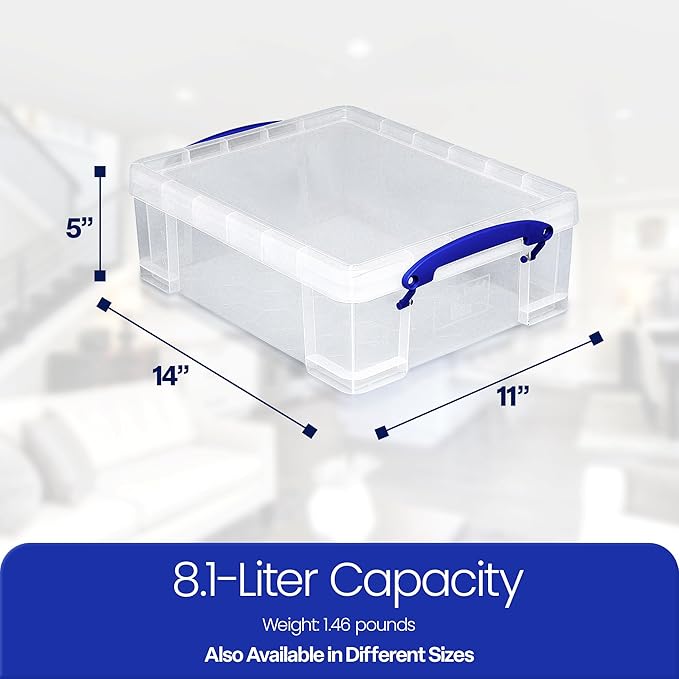 Really Useful Box 4 Pack Storage Bins Clear Plastic Stackable Organizing Totes 8.1 Liter