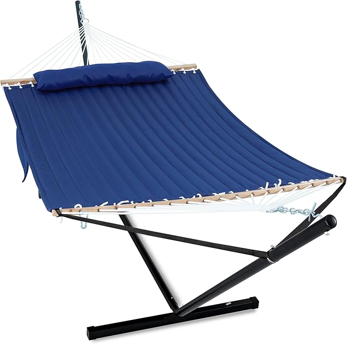 GAFETE 2 Person Hammock with Stand for Outside Heavy Duty Steel Stand Double 55inch Hammocks Large Removable Pillow Storage Bags Max 475 lbs Capacity (Blue)