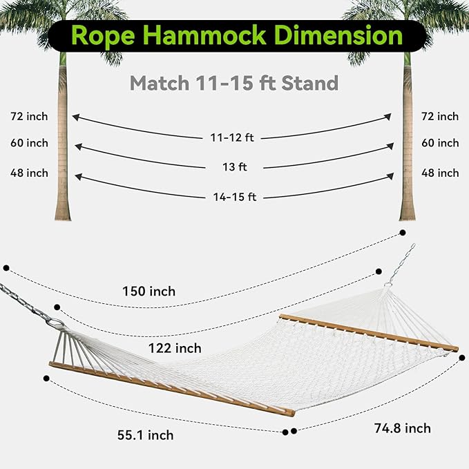 Double Hammock for 2 Person Handwoven Rope Hammock with Spreader Bar Without Stand - Indoor &amp Outdoor Use for Patio Poolside Backyard (White)