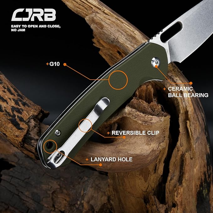 CJRB Pyrite-Alt (J1925A) Folding Pocket Knife 3.11 Stonewash AR-RPM9 Steel Blade Green G10 Handle Manual Thumb Hole Open Button Lock EDC Knife for Outdoor Hiking