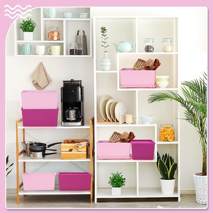 Menkxi 6 Pcs Storage Bins with Lids Small Plastic Storage Containers Stackable Storing Baskets Box Cute Organizer Bins for Organizing Shelves (Pink Series)