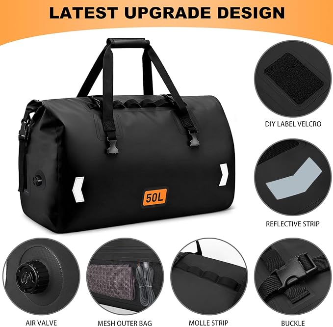 OCKLILY Waterproof Dry Bag 50L Roll-top Motorcycle Tail Bag with Air Valve &amp Quick-fixed Straps Travel Duffle Bags for Kayaking Paddle Boarding Rafting Boating Camping Riding Fishing - Black