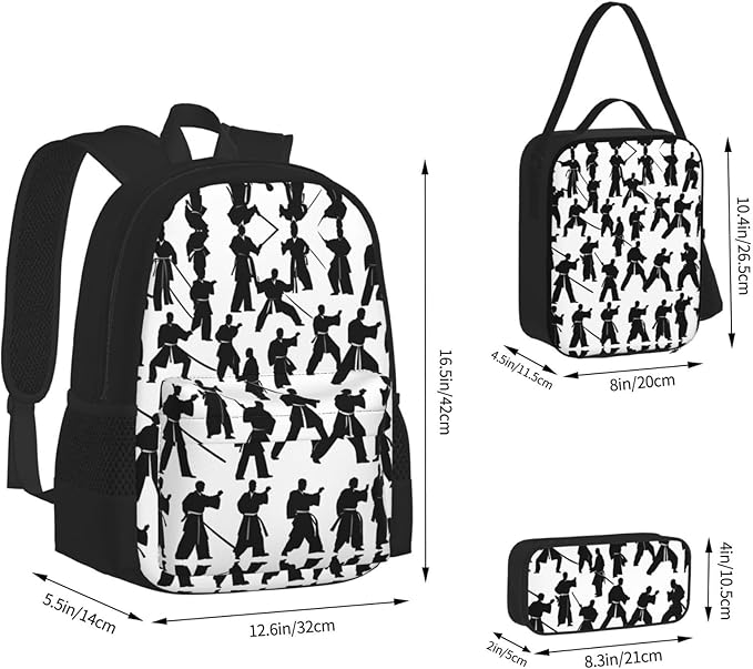 Silhouettes Of Martial Arts Backpack With Lunch Box 3 In 1 Set With Pencil Case Large Capacity Backpack With Chest Strap