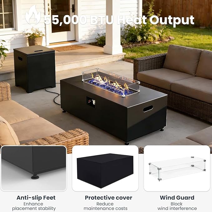 42 Inch Gas Fire Pit Table 55000 BTU Propane Fire Pits for Outside with Aluminum Lid and Waterproof Cover 2 in 1 Firepit Table