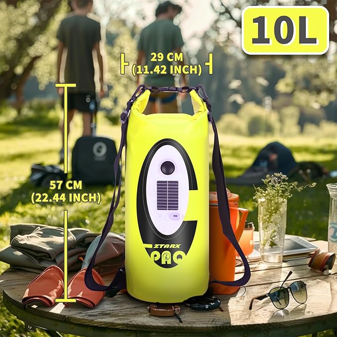FELICON Solar/Battery Multi-Functional Backpack with Bluetooth SpeakerIP66 Waterproof Dry BagHeavy Duty Roll Top ClosureLarge Capacity Bag for CampingHikingTraveling (Neon Yellow 10L)