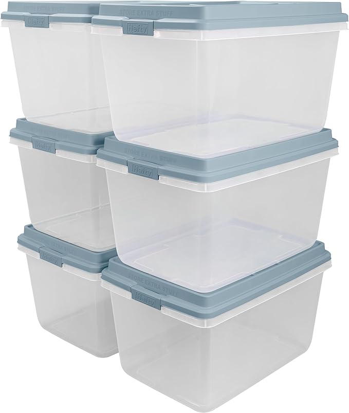 Hefty HI-RISE Stackable Storage Bins - Under Bed Storage Containers with Lids Shoe Organizer Plastic Storage Bins Clear Shoe Boxes with XL Lid-Locking Latches Durable Double Rim - 72qt (6 Pack)
