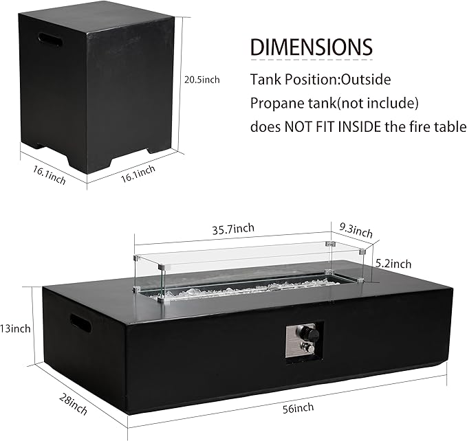 NAGA HABNA 56 Inch Propane Fire Pit Table Rectangle Outdoor Fire Table w Tank Table (50000 BTU) 3 Piece Gas Fire Pit in Black w Glass Wind Guard and White Fire Glass for Garden Pool Backyard