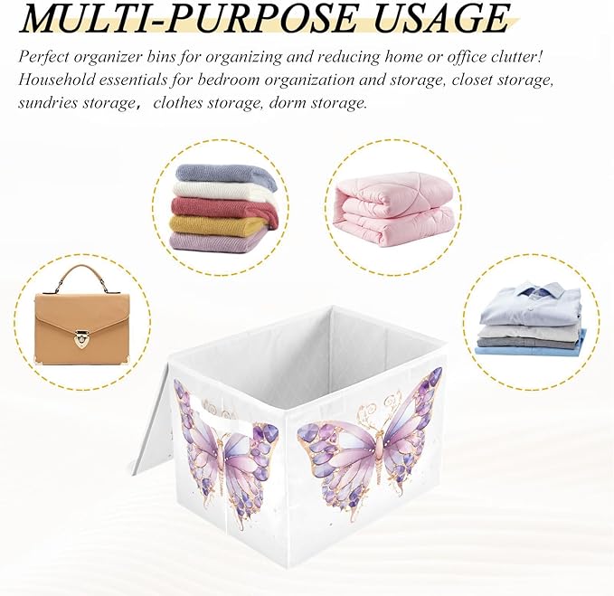 MNSRUU Containers Baskets with Lids Dreamy Purple Butterfly Foldable Storage Bins Organizer with Lid Collapsible Storage Boxes for Home Bedroom Closet Office