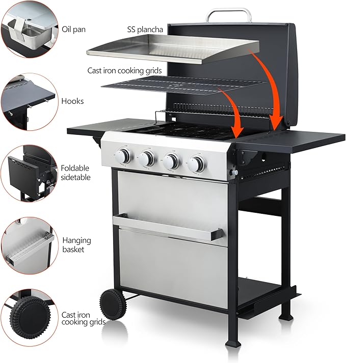 4-Burner Flat Top Propane Gas Grill Stainless Steel Griddle Combo with Foldable Side Table 49200 BTU Outdoor BBQ Grill Porcelain-Enameled Cast Iron Grids for Backyard Patio Cooking