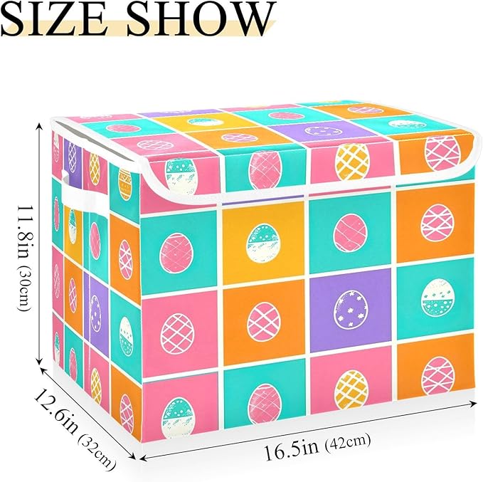 Christmas Storage Baskets with Lids Colorful Eggs Collapsible Bins Stackable Fabric Linen Baskets Closet Organizer Container 16.5x12.6x11.8