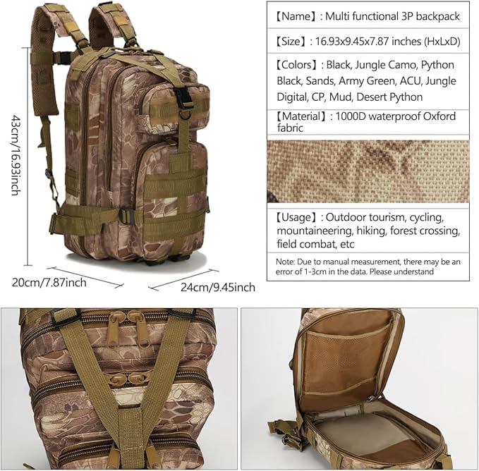 Military Tactical Backpack Rucksacks 3 Day Assault Pack Army Bag for Hunting Trekking Camping Outdoor (Black)