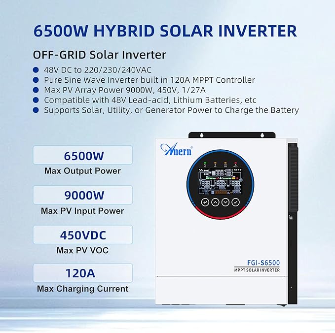 6500W Hybrid Solar Inverter 48V DC to 220-230VAC Pure Sine Wave Solar Inverter with 120A MPPT Solar Charge Controller Fit for 48V Lithium Lead-Acid Gel Battery Home Backup RV Off-Grid System
