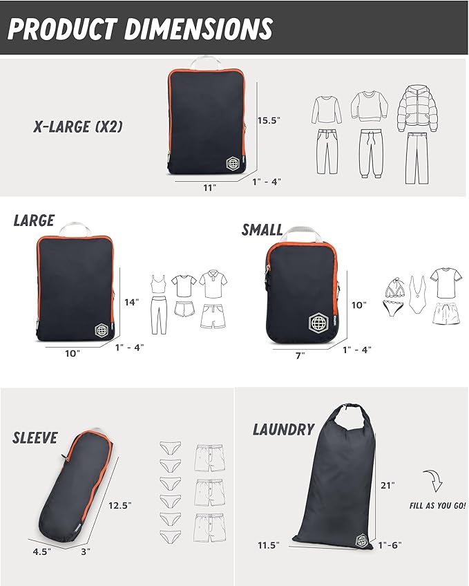 Large Compression Packing Cubes for Travel-Packing Cube Luggage Organizers 7 Piece Set for Checked Luggage-Ultralight Expandable/Compression Bags by TRIPPED Travel Gear (Grey/Orange)