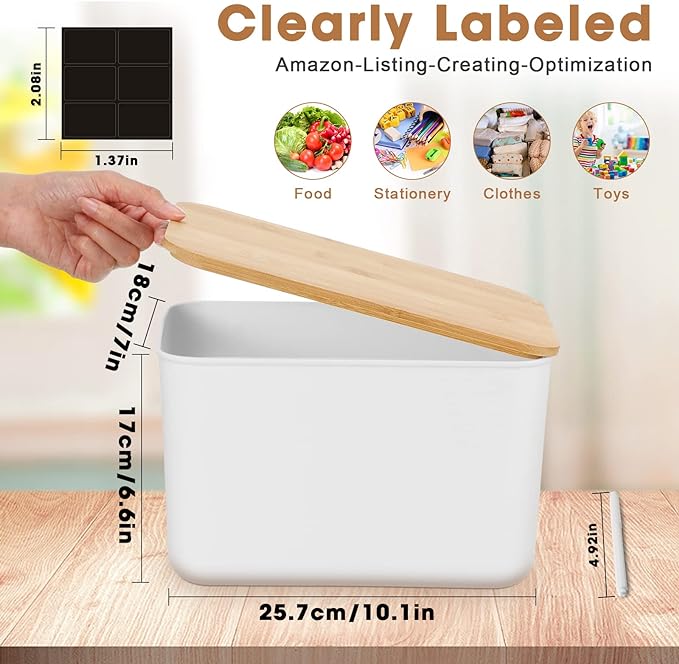 Geosar 6 Pcs Storage Bins with Bamboo Lids Plastic Storage Containers Stackable Box with and Handle with 6 Labels and Marker for Organizing Toys and More 10.1x7x6.69 In(WhiteClassic)