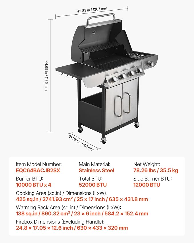 VEVOR Gas Grill 4 Burner Propane Gas Grill with Side Burner 425 SQ.In Grilling Area Carbon Steel Enamel Grates Outdoor 52000 BTU Patio Garden BBQ Grills with Two Side Shelves Stainless Steel