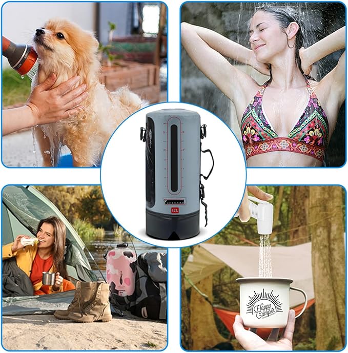 12L Camping Pressure Shower Bag Portable Solar Water Bag with Foot Pump and Shower Head for Hiking Picnic Swimming