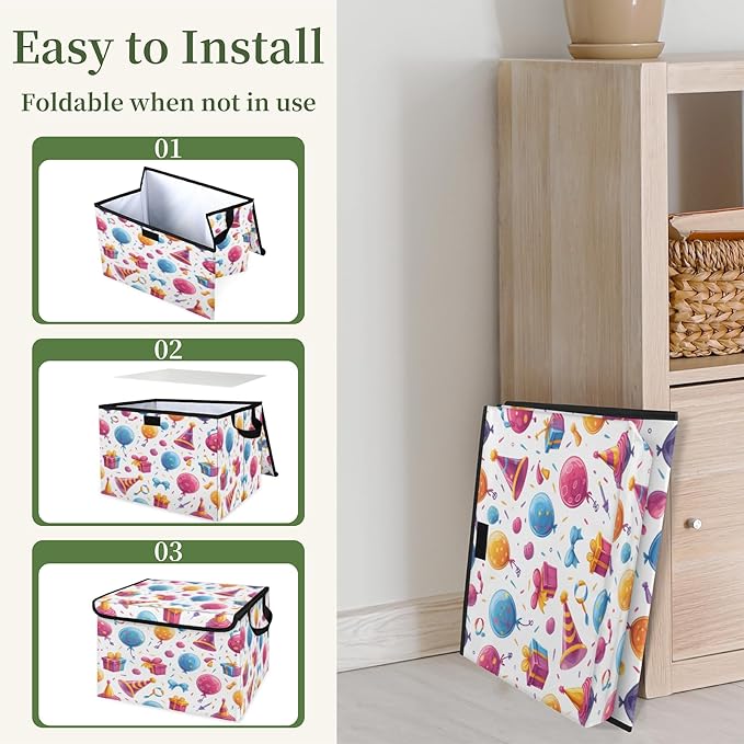 Happy Birthday Storage Basket with Lid Birthday Theme Foldable Storage Box Fabric Storage Bins with Carrying Handles for Home Bedroom Closet Organization