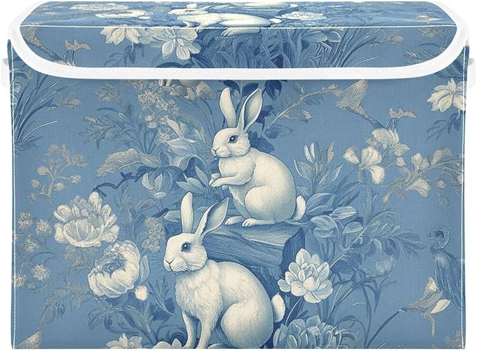 susiyo Large Foldable Storage Bin with Flip-Top Lid Chinoiserie Rabbits Storage Box Collapsible Closet Organizer Containers Boxes Decorative Baskets with Handles for Home Bedroom Living Room Office