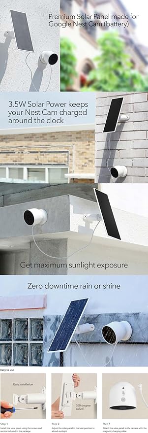 Wasserstein Premium Solar Panel Solar Panel Charger for Google Nest Cam Outdoor or Indoor Battery - 3.5W Solar Power - Made for Google Nest