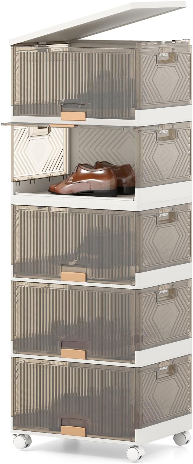 Giantex 5 Tier Stackable Storage Bins with Lids 22.5 Gal Foldable Shoe Storage Box with Detachable Wheels &amp Flip-Up Doors Collapsible Closet Organizers and Storage Bins