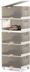 Giantex 5 Tier Stackable Storage Bins with Lids 22.5 Gal Foldable Shoe Storage Box with Detachable Wheels &amp Flip-Up Doors Collapsible Closet Organizers and Storage Bins