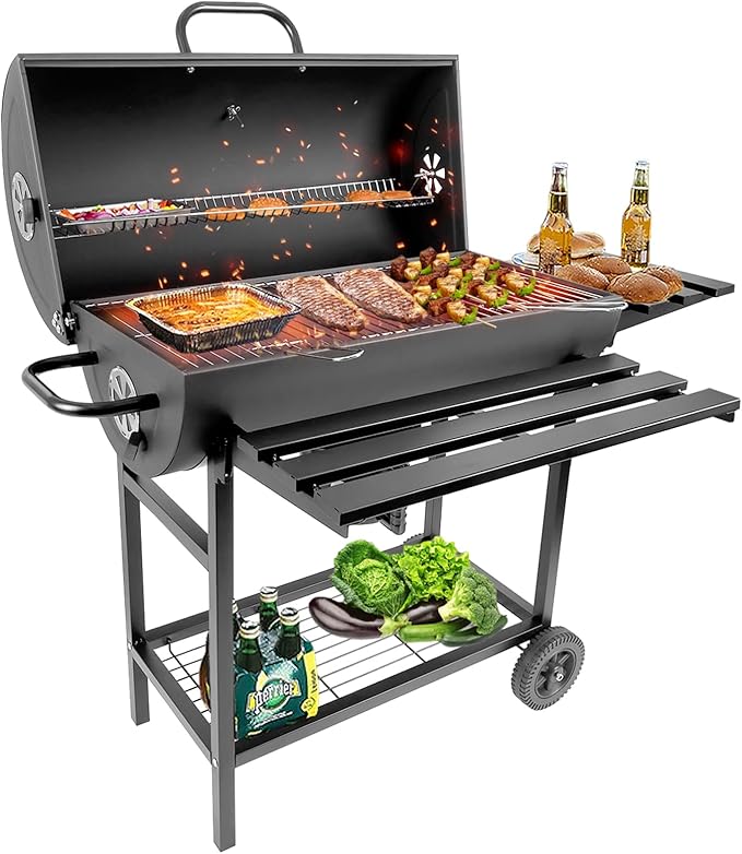 Charcoal BBQ Grill with Thermometer &amp Foldable Side Table 565 sq in Cooking Space Large Charcoal Grills Barrel Charcoal Grills for Backyards Picnic Cookouts
