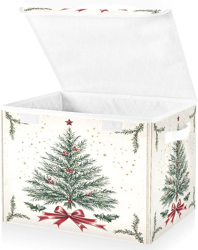 Bolaz Storage Bins with Lids and HandlesRed Ribbon Christmas Tree Storage Box Storage Basket with Cover Collapsible Organizer Containers for Home Closet Shelves