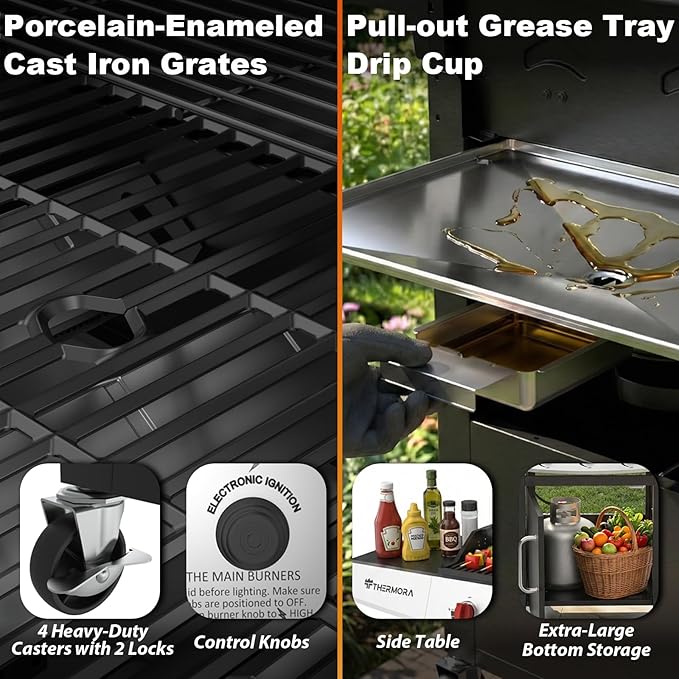5 Burners Propane Gas Outdoor Grill 62000 BTU Side Burner 645 Sq.in Porcelain-Enameled Grates Stainless Steel Propane Grill Outdoor Cooking Patio Garden Family Barbecues Party