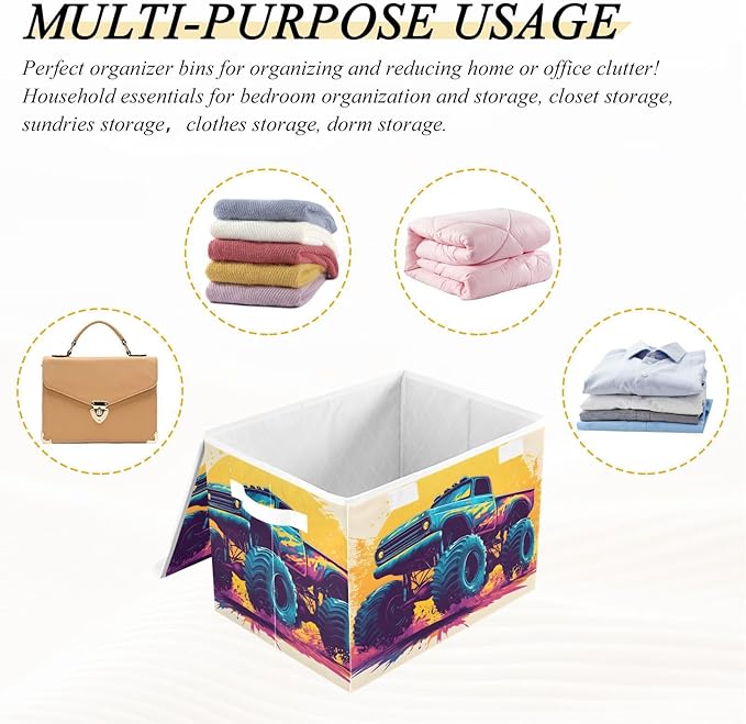 AIXIWAWA Lidded Storage Cube (Cartoon Monster Truck) Fabric Foldable Closet Bins with Flip Lid and Handles Organizer Basket Container 16.5 x 12.6 x 11.8 IN