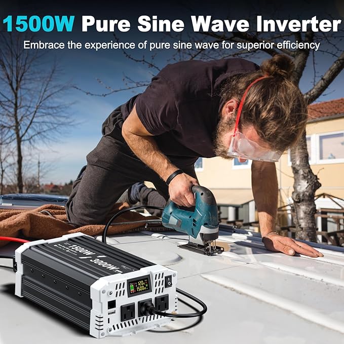 1500 watt Pure sine Wave Inverter 12V DC to 110V AC Power Inverter Used for Solar Emergency Power Supply in RV Homes with 3 AC Output sockets USB Port Type-C Port Remote Control with LCD Screen