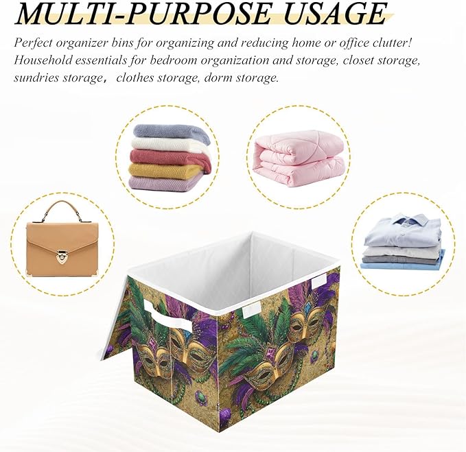 Mardi Gras Masks Yellow Storage Box with Lid 1 PC Foldable Storage Bin with Lids Stackable Storage Bins Cube Closet Organizer Basket with Flip-Top Lid &amp Handles for Shoes Books Towels