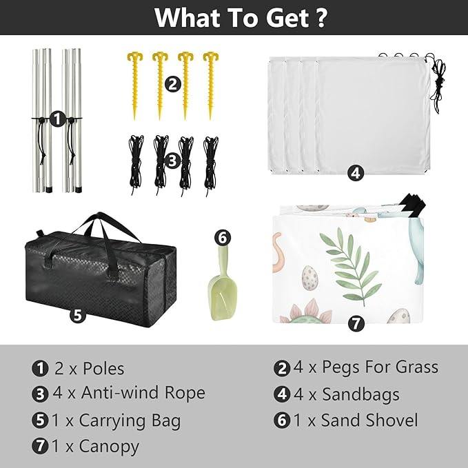 xigua Dinosaur Beach Tent Sun Shelter with Carrying Bag - Silver Coated Oxford Fabric Beach Canopy for Beach Camping Fishing - Includes Windproof Ropes Sandbags &amp Stakes