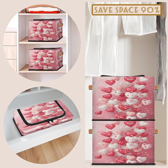 Valentine¡¯s Day Storage Bins with Zipper Lid Love Heart Balloons Fabric Lidded Storage Baskets Cubes with Handles Decorative Foldable Shelf Closet Organizer Container