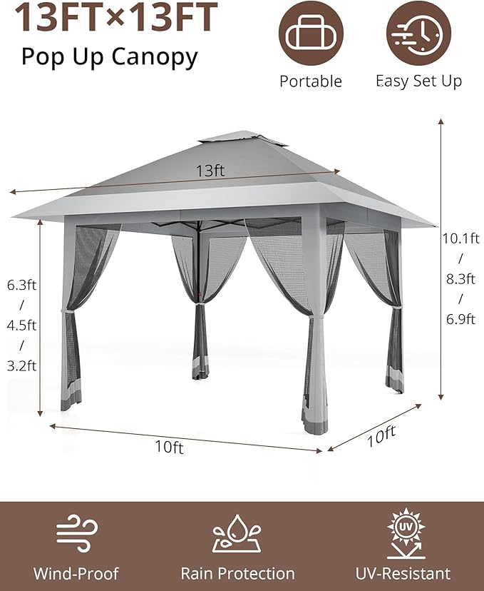 13x13ft Pop Up Gazebo Outdoor Canopy Tent with Mosquito Netting Heavy Duty Party Tent Shelter with Waterproof and Ultraviolet Double Roof for Backyard Garden Lawn and Deck (Grey)