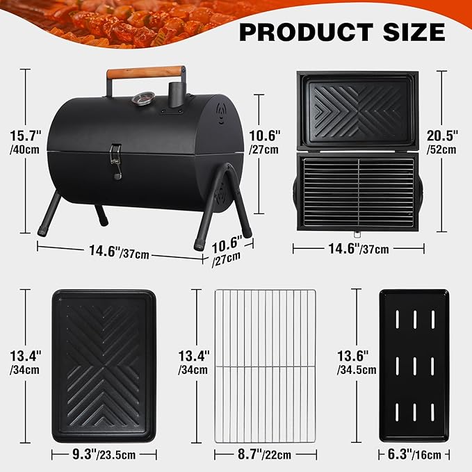REDCAMP Portable Charcoal Grill with Thermometer Heavy-Duty Thick Steel &amp Foldable Design Compact Small Tabletop Barbecue Grillfor Camping Backyard Beach - Easy Assembly Dual Grilling Zones