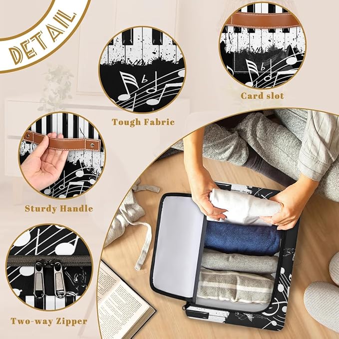 Music Note Ballet Storage Bins with Zipper Lid Collapsible Fabric Storage Basket with Leather Handles Closet Shelf Cloth Organizer Basket for Nursery Bedroom Clothes Toy